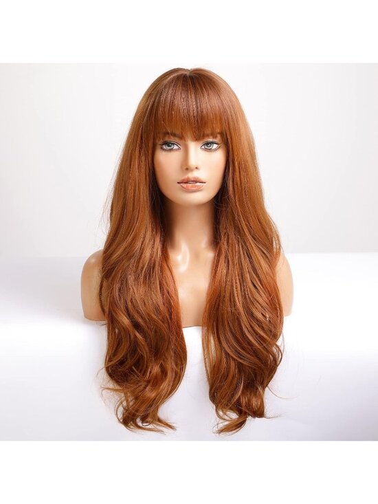 Women\'s Orange Heat Resistant Long Curly Wavy Synthetic Wig with Bangs Size 26In